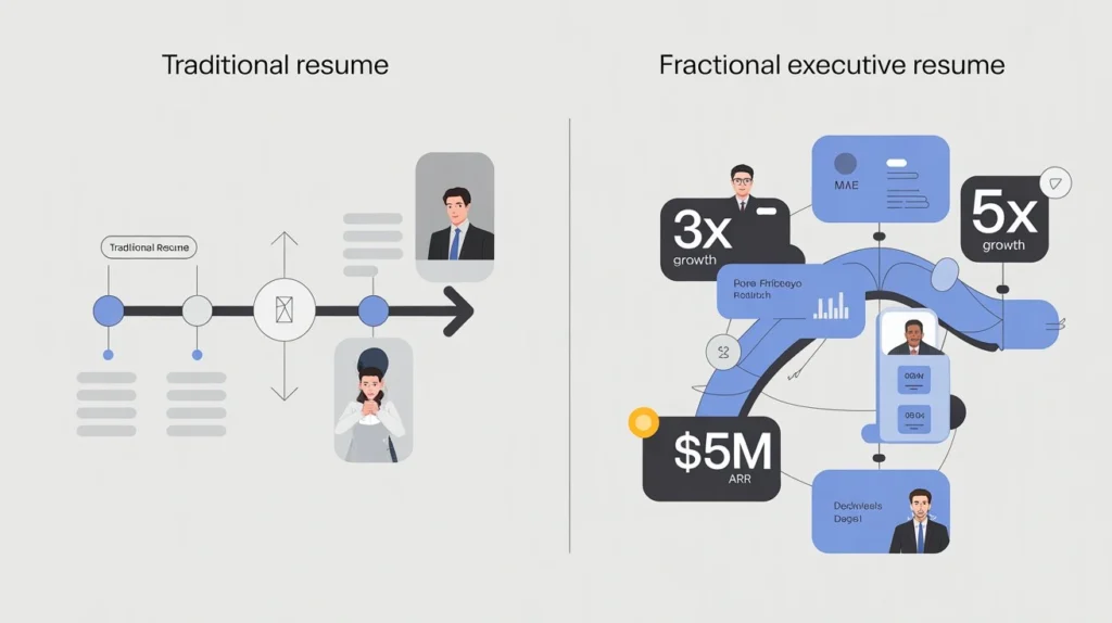 Comparison infographic showing traditional resume format vs fractional executive resume format for contract roles