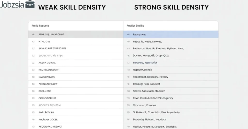 Comparison table showing weak vs strong skill density on a software engineer resume