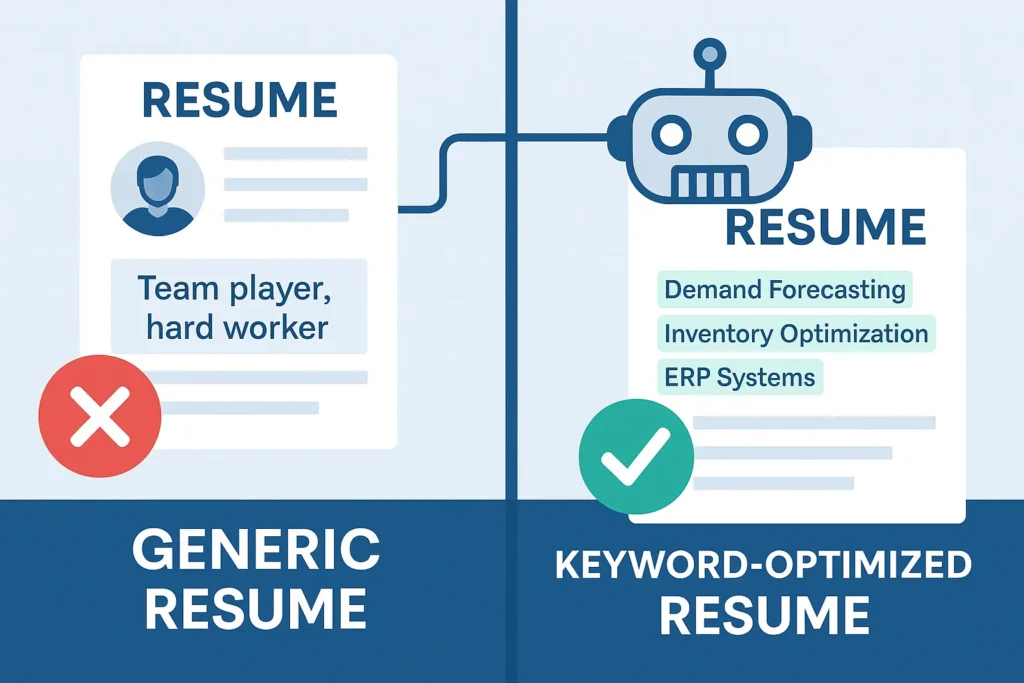ATS system comparing a generic resume versus a keyword-optimized supply chain resume for remote job applications